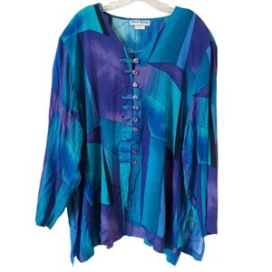 Vintage 80s Sharon Anthony Blue Purple Retro Colorful Art Deco Plus Size Blouse